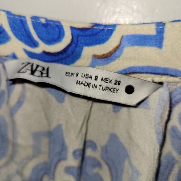 Zara printed midi dress Blue Cream Balloon Sleeves Small - Picture 3 of 6